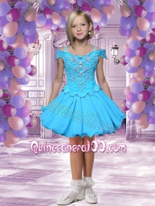 Fashionable A-Line Off Shoulder Mini-length Beading Aqua Blue Little Girl Dress