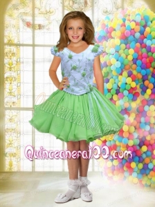 Green and White A-Line V-neck Short Sleeves Little Girl Dress with Beading