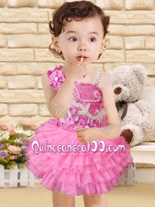 Luxurious A-Line Asymmetrical Mini-length Beading Pink Little Girl Dress
