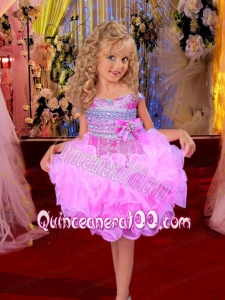 Luxurious Ball Gown Bateau Mini-length Beading Bowknot Rose Pink Little Girl Dress