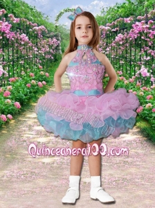 Luxurious Ball Gown High Neck Mini-length Beading Pink and Blue Little Girl Dress