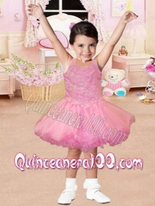 Pretty Straps Appliques and Ruffles Pink Little Girl Dress for 2014