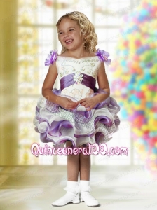Romantic Ball Gown Mini-length Beading White and Purple Little Girl Dress with V-neck