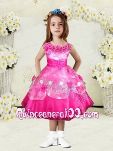 Sweet A-Line Bateau Tea-length Hand Made Flowers Bowknot Hot Pink Little Girl Dress