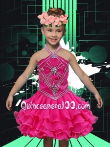 Sweet A-Line Halter Mini-length Appliques Ruffle Hot Pink Little Girl Dress
