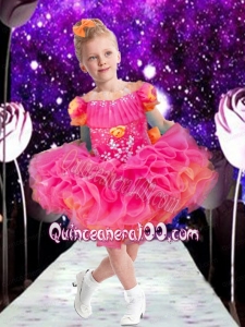 Sweet Ball Gown Bateau Mini-length Hand Made Flowers Beading Hot Pink Little Girl Dress