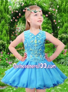 Unique Fashions A line V-neck Tea-length Beading Aqua Blue Little Girl Dress for 2014