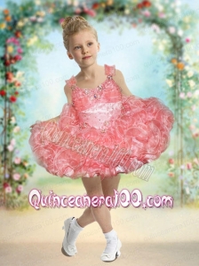 2014 Luxurious Straps Short Beading and Ruffles Watermelon Little Girl Dress