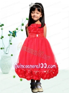 2014 Red Bateau Tea-length Little Girl Dress with Ruching