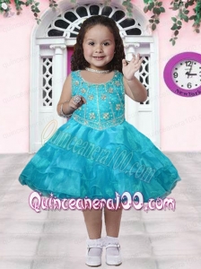 Aque Blue Scoop Knee-length Little Girl Dress with Embroidery