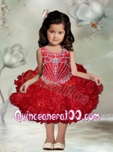 Ball Gown Red Knee-length Beading Little Girl Dress with Scoop