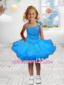 Beautiful A-Line Asymmetrical Mini-length Beading Blue Little Girl Dress