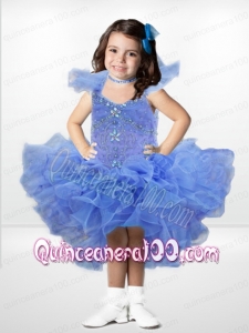 Beautiful Ball Gown Square Beading Ruffles Blue Little Girl Dress with High-low