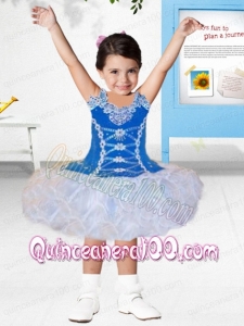 Cute Ball Gown Scoop Knee-length Appliques Blue and White Little Girl Dress