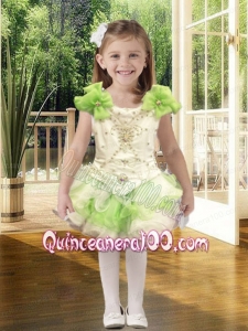 Cute Ball Gown Scoop Mini-length Beading White and Green Little Girl Dress