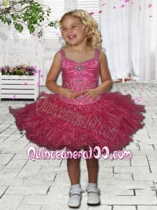 Cute Ball Gown Straps Mini-length Beading Fuchsia Little Girl Dress
