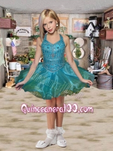Elegant A-Line Halter Mini-length Beading Little Girl Dress in Teal