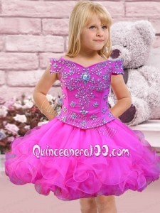 Elegant A-Line Off the Shoulder Mini-length Beading Hot Pink Little Girl Dress