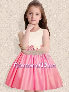 Elegant A-Line Scoop Mini-length Bowknot White and Pink Flower Girl Dress