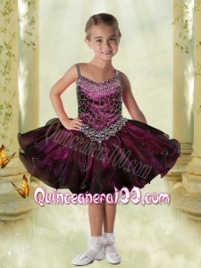 Elegant Straps Mini-length Appliques Beading Dark Purple Little Girl Dress