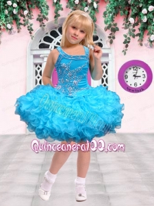 Fashionable Ball Gown Asymmetrical Mini-length Beading Blue Little Girl Dress