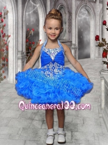 Fashionable Beading and Ruffles Halter 2014 Little Girl Dress in Royal Blue