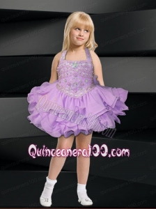 Lavender Ball Gown Halter Top Mini-length Little Girl Dress with Beading