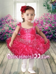Lovely Hot Pink Square Mini-length Little Girl Dress with Beading