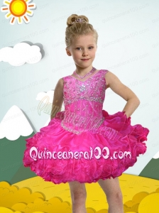 Luxurious Ball Gown Halter Mini-length Beading Hot Pink Little Girl Dress