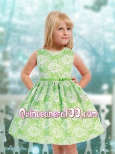 Modest A-Line Scoop Mini-length Lace Ribbons Green Little Girl Dress