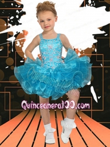 Popular Ball Gown Straps Mini-length Beading Blue Little Girl Dress