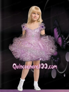 Pretty Lilac Ball Gown Short Beading Little Girl Dress with Bowknot