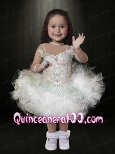 White Ball Gown Mini-length Beading Little Girl Dress with Off the Shoulder