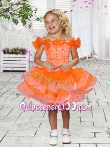 Beautiful Ball Gown Off the Shoulder Mini-length Beading Bowknot Orange Little Girl Dress