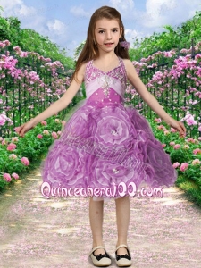 Elegant A-Line Straps Knee-length Beading Lilac Little Girl Dress