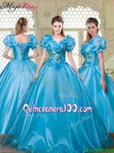 Summer Gorgeous Appliques and Beading Sweet 16 Dresses with V Neck