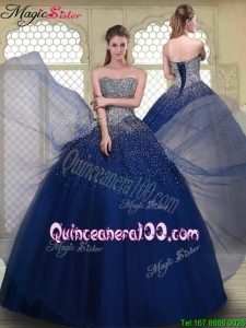 2016 Gorgeous Ball Gown Strapless Quinceanera Gowns in Navy Blue