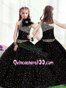 Popular One Shoulder Mini Flower Girl Dress with Pattern and Beading