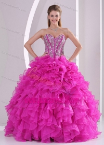 Pretty Sweetheart Ruffles and Beaded Decorate 2014 Fuchsia Quinceanera Gowns