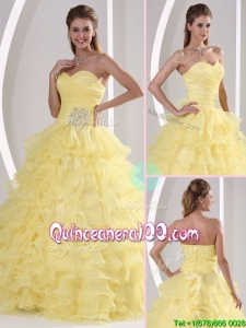 Most Popular Sweetheart Quinceaners Gowns with Appliques and Ruffled Layers