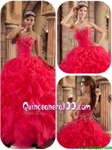 2016 Perfect Coral Red Ball Gown Floor Length Ruffles Quinceanera Dresses