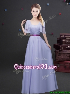 Exquisite Empire Square Belted Long Dama Dress with Short Sleeves