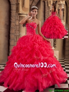 Unique Coral Red Sweetheart Quinceanera Gowns with Beading