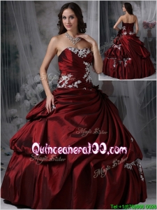 Unique Strapless Burgundy Quinceanera Gowns with Appliques