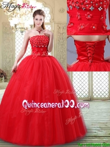 Inexpensive Strapless Quinceanera Dresses with Hand Made Flowers