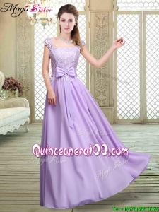Cheap Square Cap Sleeves Lavender Bridesmaid Dresses with Belt