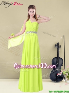 Discount One Shoulder Belt Bridesmaid Dresses in Yellow Green