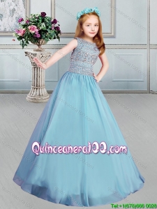 Lovely Bateau Beaded Bodice Blue Flower Girl Dress in Organza