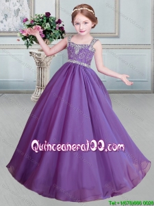 Lovely Beaded Decorated Straps Flower Girl Dress in Eggplant Purple