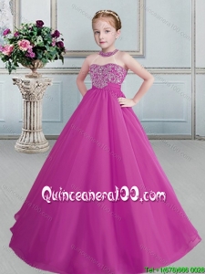 New Style See Through Beaded Decorated Halter Top Flower Girl Dress in Fuchsia